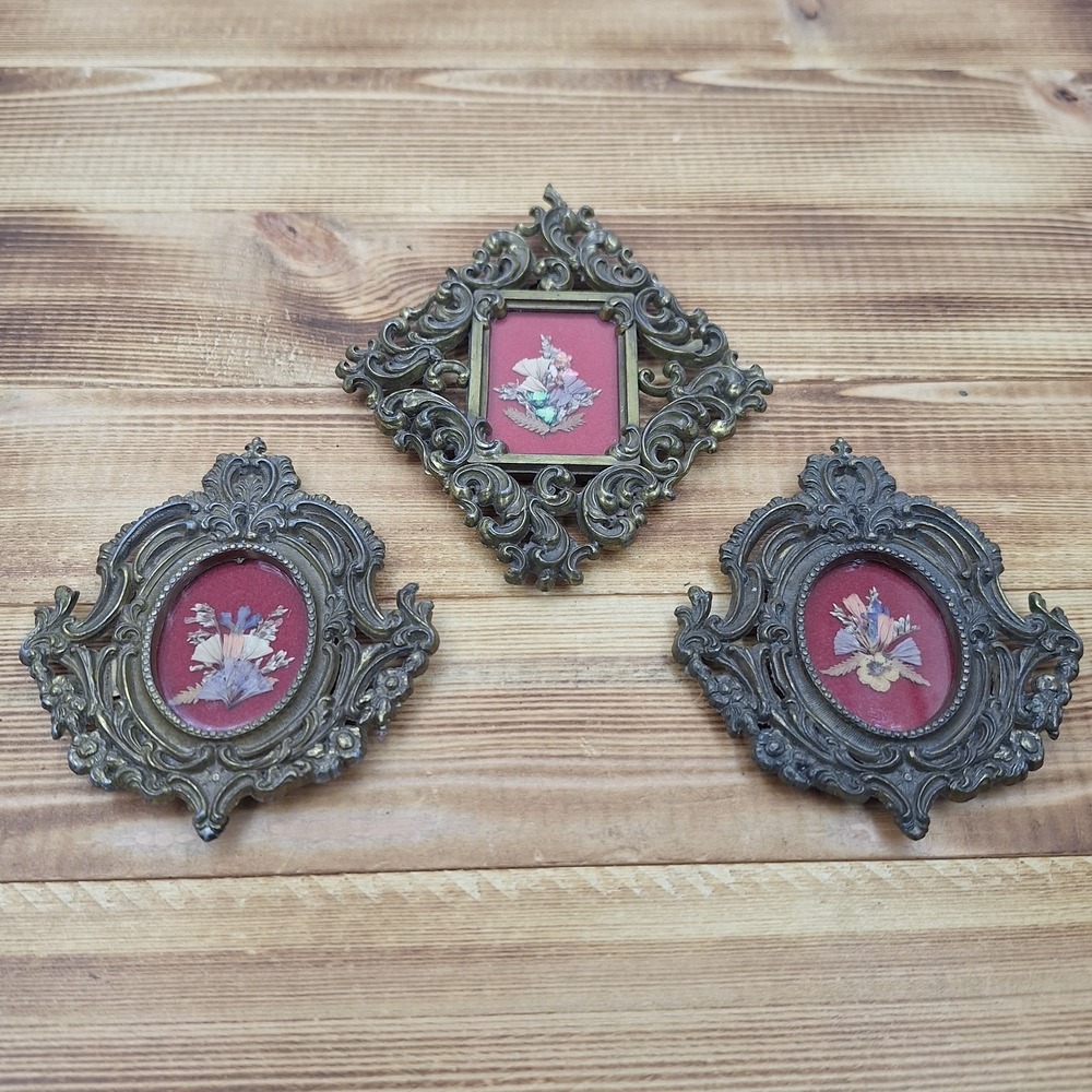 4" Vtg Press Floral Art Set Of 3 Ornate Brass Picture Frames Italy Baroque Style
